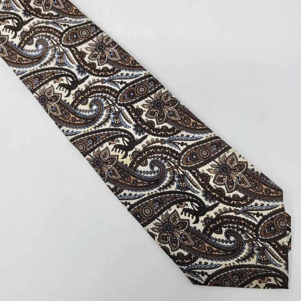 Christian Dior Tie Mens Necktie Silk Brown Beige Paisley Cravates Paris NY Adult